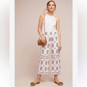 Anthropologie Ett Twa Jadida Embroidered Linen Blend Fully Lined‎ Pant 4 TALL